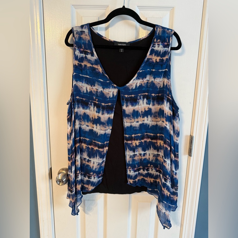 Karen Kane Blue and White Tie-Dye Layered Sleeveless Top